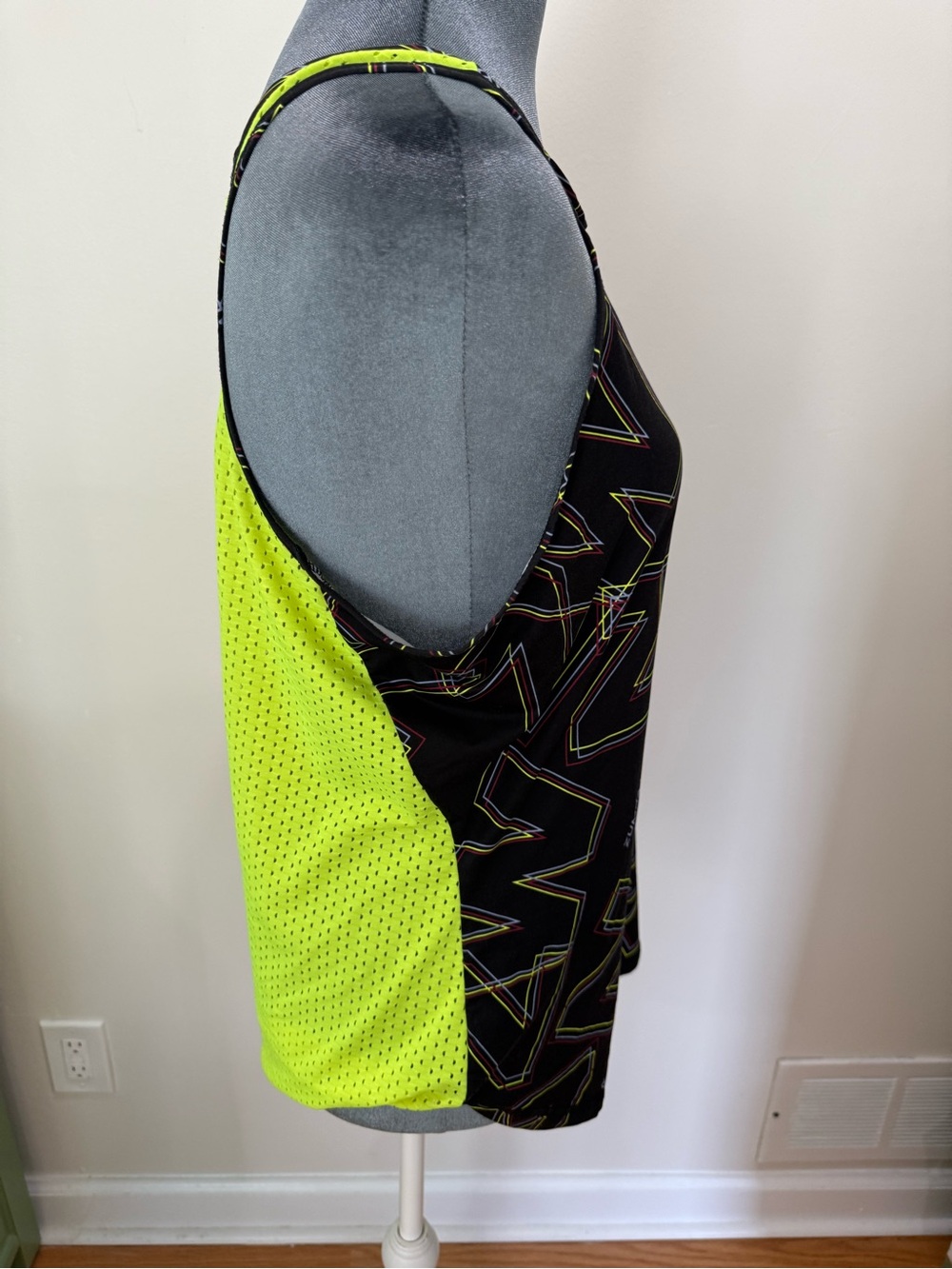 Zumba Fitness Neon Yellow Mesh Top with Black Trim and Multicolor Stripe Detail - Picture 6 of 13